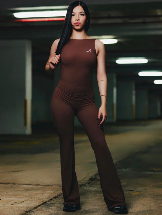 Mocha Open Back Flare Jumpsuit.